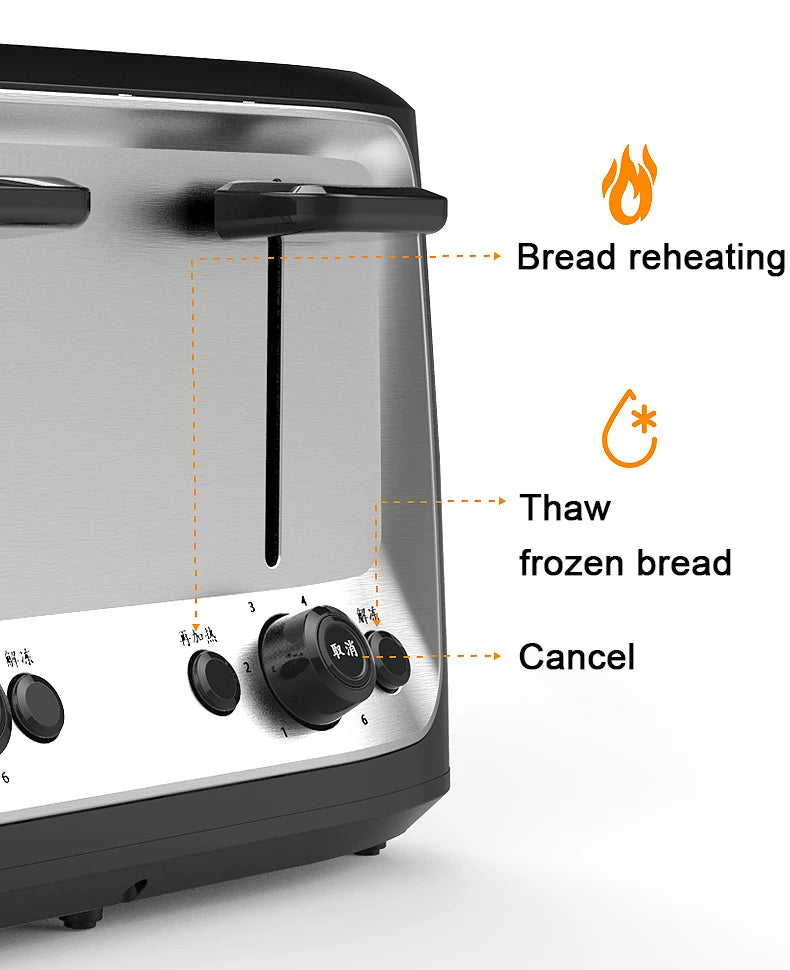 Household Electric Toaster Baking Bread Sandwich Maker Grill Stainless Steel Toast Oven Heater 4 Slices Slot Breakfast Machine