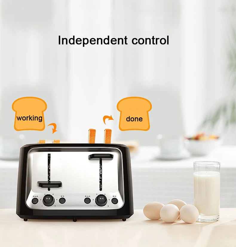 Household Electric Toaster Baking Bread Sandwich Maker Grill Stainless Steel Toast Oven Heater 4 Slices Slot Breakfast Machine