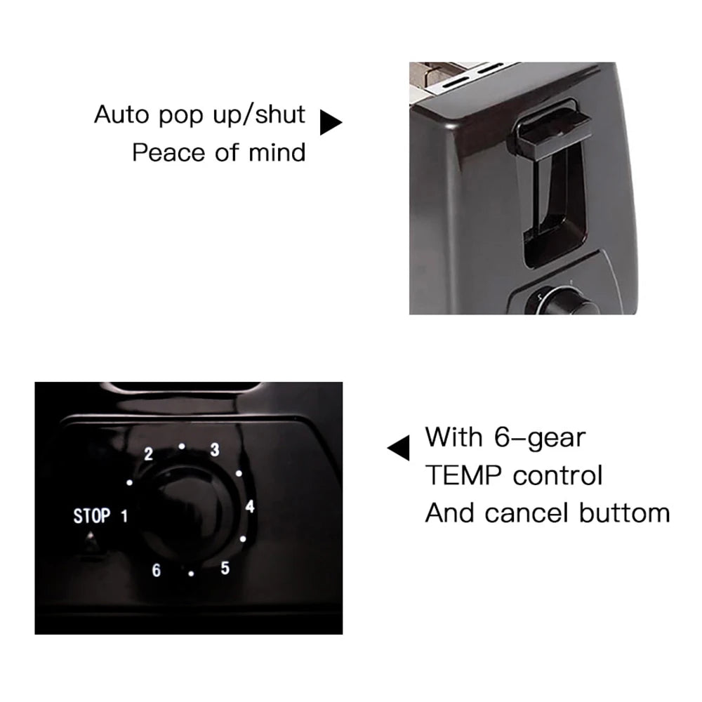 Household Automatic Bread Toaster Fast Heating 2 Slices Slots Bread Maker Cooking Stainless Steel Baking Breakfast Machine 750W