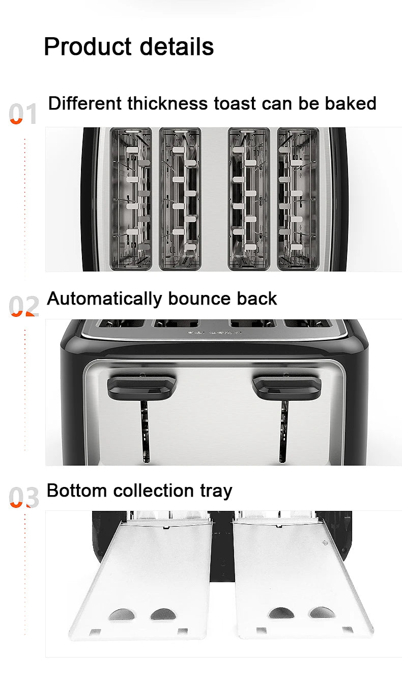 Household Electric Toaster Baking Bread Sandwich Maker Grill Stainless Steel Toast Oven Heater 4 Slices Slot Breakfast Machine