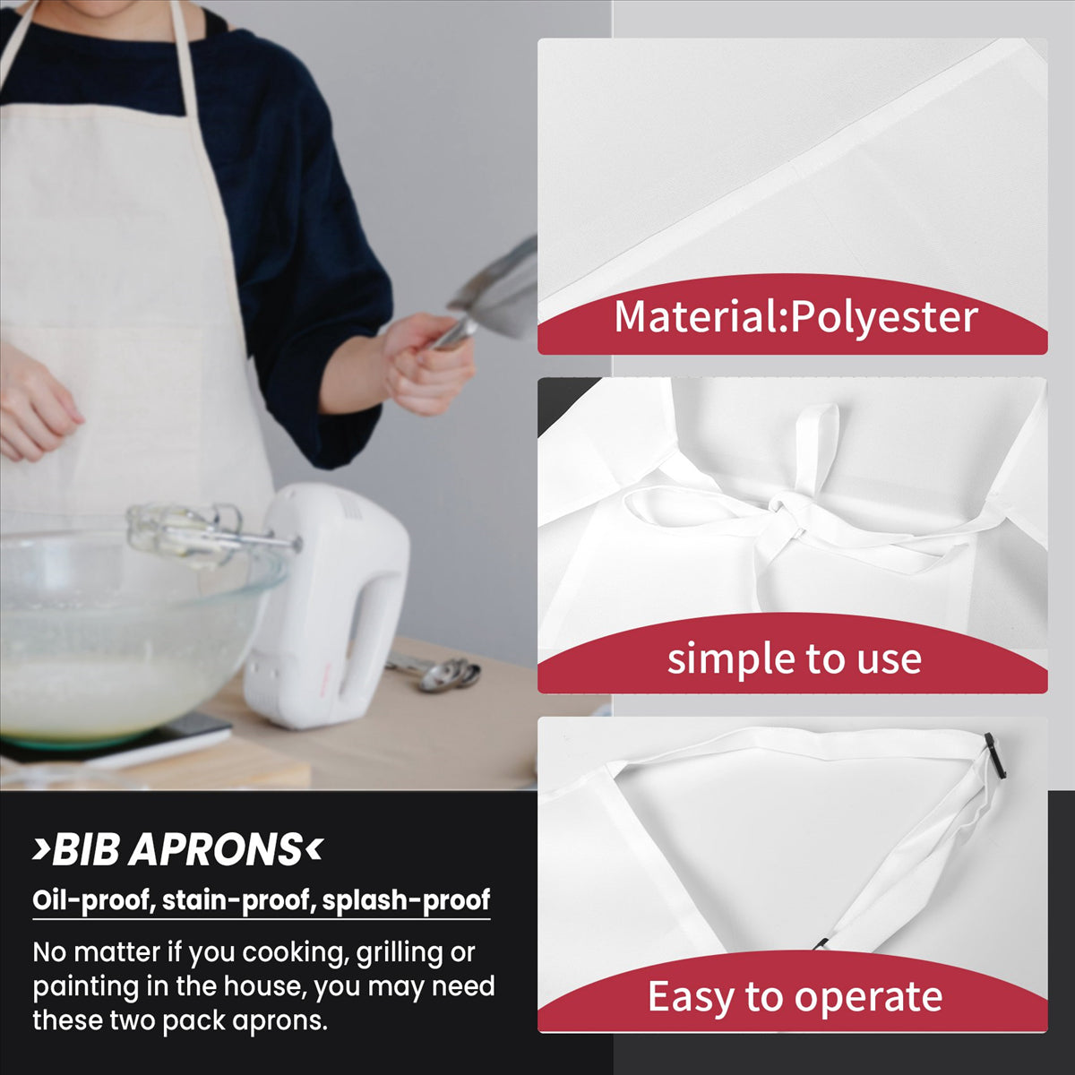 4 Pack Bib Aprons with 2 Pockets Adjustable Kitchen Cooking Chef Apron for Women & Men, White
