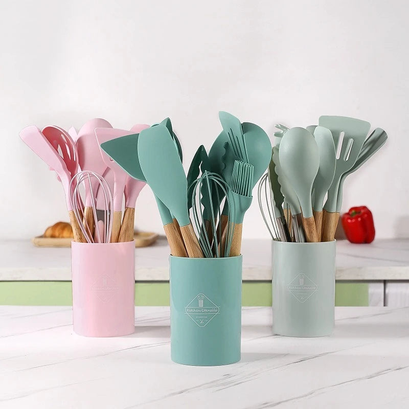 12PCS Silicone Kitchenware Non-Stick Cookware Kitchen Utensils Set Spatula Shovel Egg Beaters Wooden Handle Cooking Tool Set