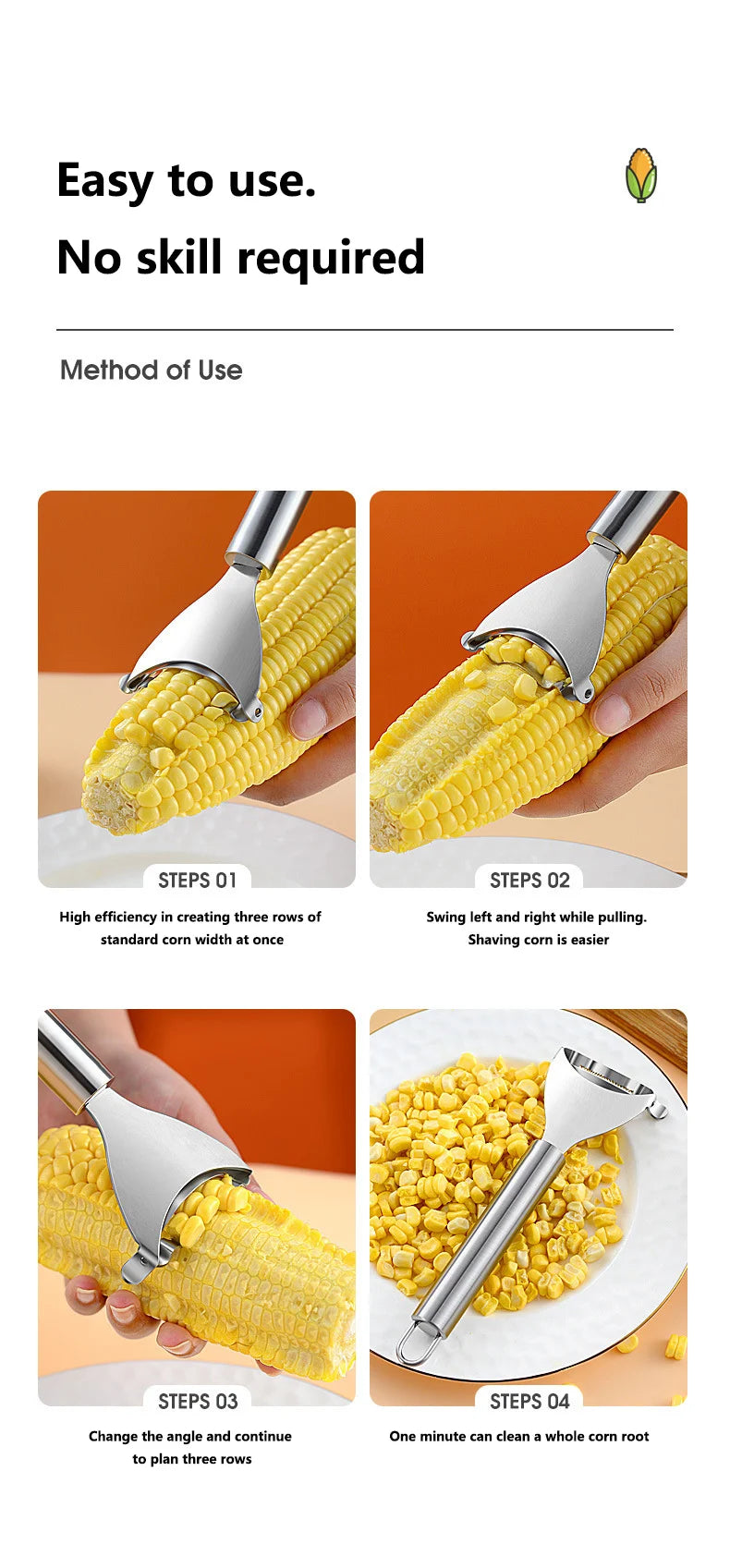 Stainless Steel Corn Planer Ergonomic Handle Corn Peeler Peel, Separate & Enjoy Fresh Corn with Minimal Effort