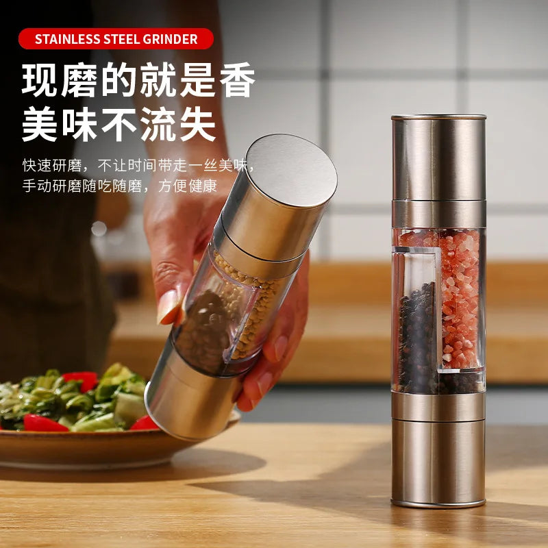 Salt and Pepper Grinder 2 in 1 Manual Stainless Steel Salt Pepper Mills with Adjustable Ceramic Grinding Spice Mill Kitchen Tool