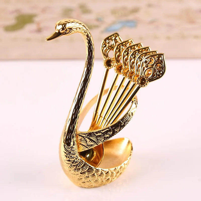 7PCS Stainless Steel Creative Dinnerware Set Decorative Swan Base Holder With 6 Spoons For Coffee Fruit Dessert Stirring Mixing