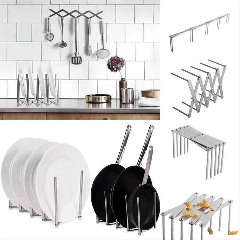1PC Kitchen Storage Tray Extended Stainless Steel Pot Lid Folding Telescopic Integrated Molding Plate Holder