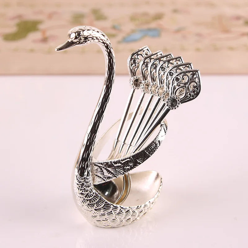 7PCS Stainless Steel Creative Dinnerware Set Decorative Swan Base Holder With 6 Spoons For Coffee Fruit Dessert Stirring Mixing