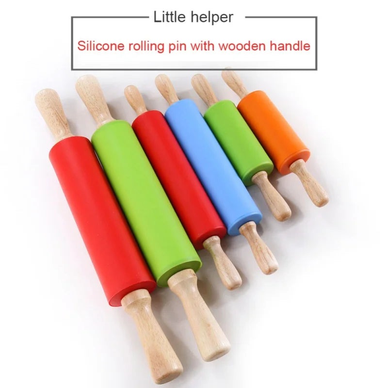 1PC Non-Stick Silicone Rolling Pin Wooden Handle Pastry Dough Flour Roller Kitchen Cooking Baking Tool For Pasta Cookie Dough