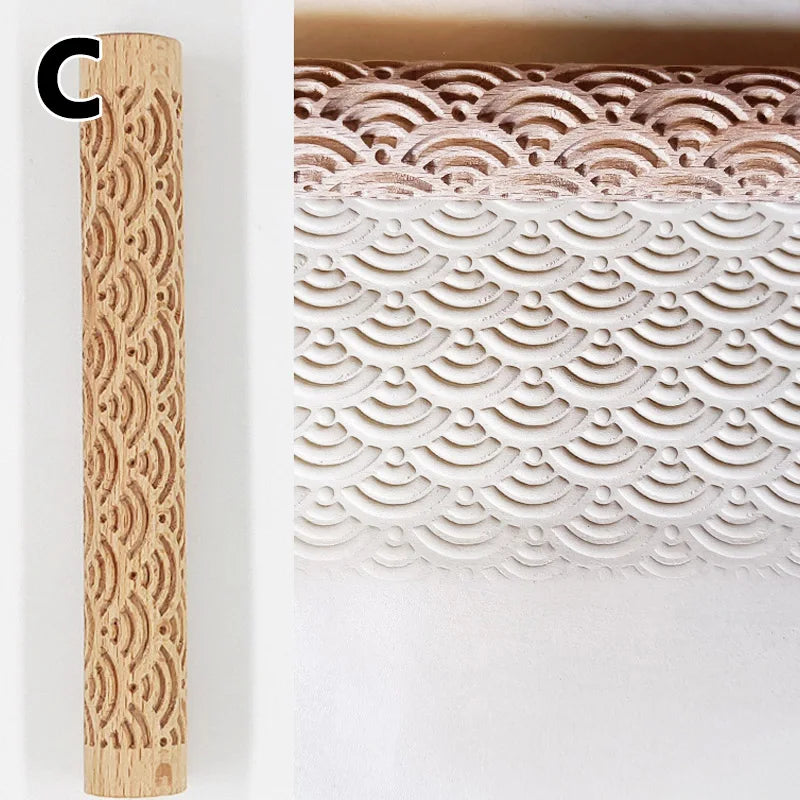 3D Embossed Pottery Styling Tools Wooden Hand Pressure Roller Home Kitchen Baking Pie Cookie Rolling Pin Handmade Tools Supplies