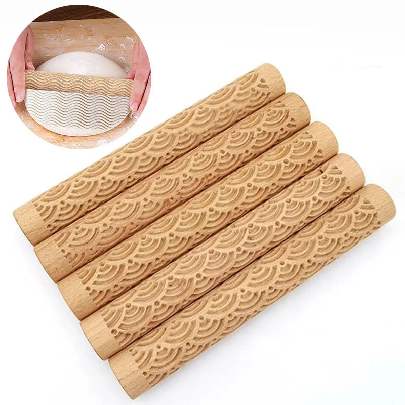 3D Embossed Pottery Styling Tools Wooden Hand Pressure Roller Home Kitchen Baking Pie Cookie Rolling Pin Handmade Tools Supplies