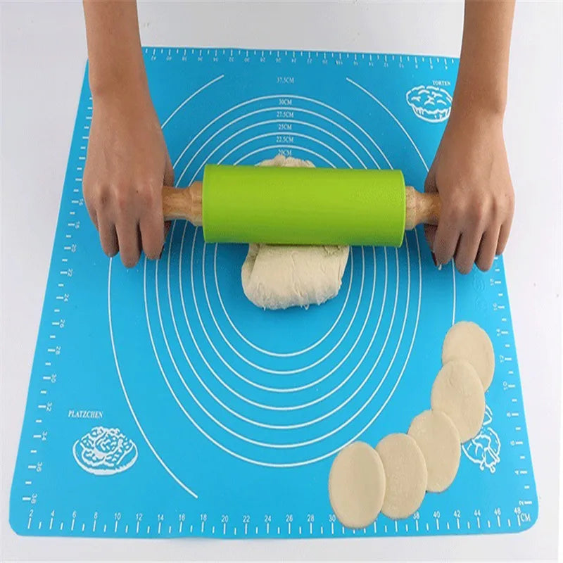 1PC Non-Stick Silicone Rolling Pin Wooden Handle Pastry Dough Flour Roller Kitchen Cooking Baking Tool For Pasta Cookie Dough