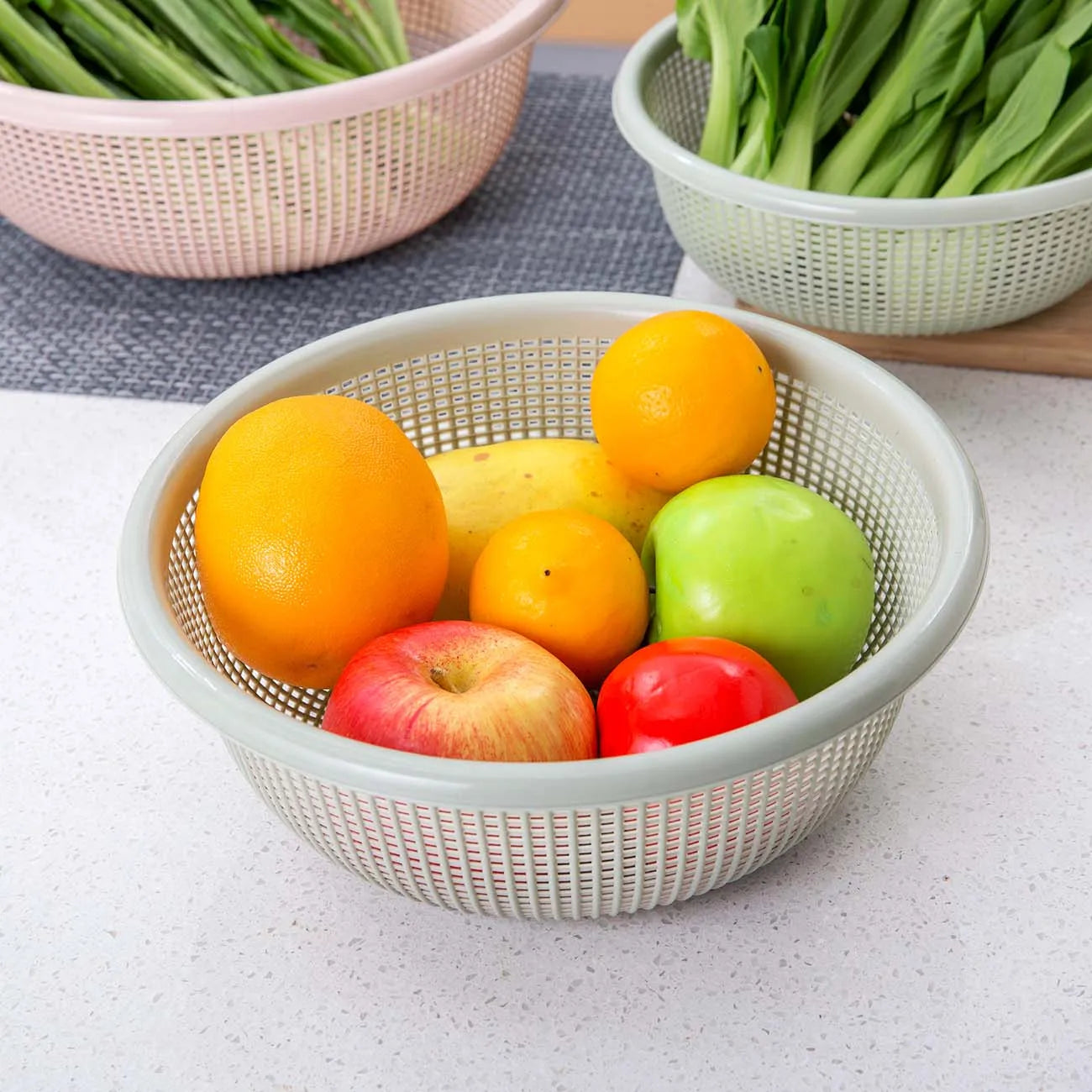 3 In 1 Round Shape Fruit Vegetable Noodles Washing Basket Drainer Plastic Home Kitchen Organizer Storage Baskets Filters Basin