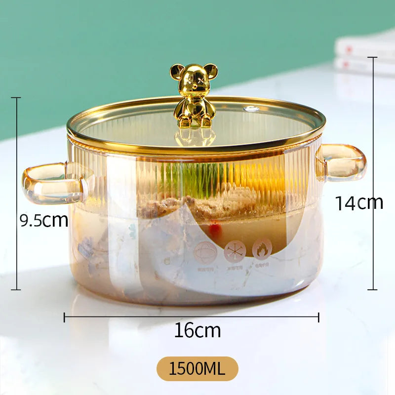 1Pcs Household Glass Saucepan for Cooking Double Ear Glass Soup Pot Noodle Bowl Cookwares with Tops Small Bear Cooking Pots Set