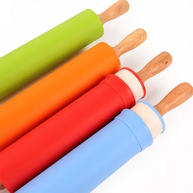 1PC Non-Stick Silicone Rolling Pin Wooden Handle Pastry Dough Flour Roller Kitchen Cooking Baking Tool For Pasta Cookie Dough