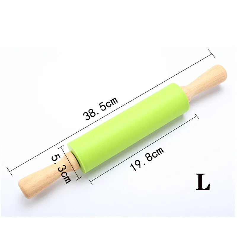 1PC Non-Stick Silicone Rolling Pin Wooden Handle Pastry Dough Flour Roller Kitchen Cooking Baking Tool For Pasta Cookie Dough