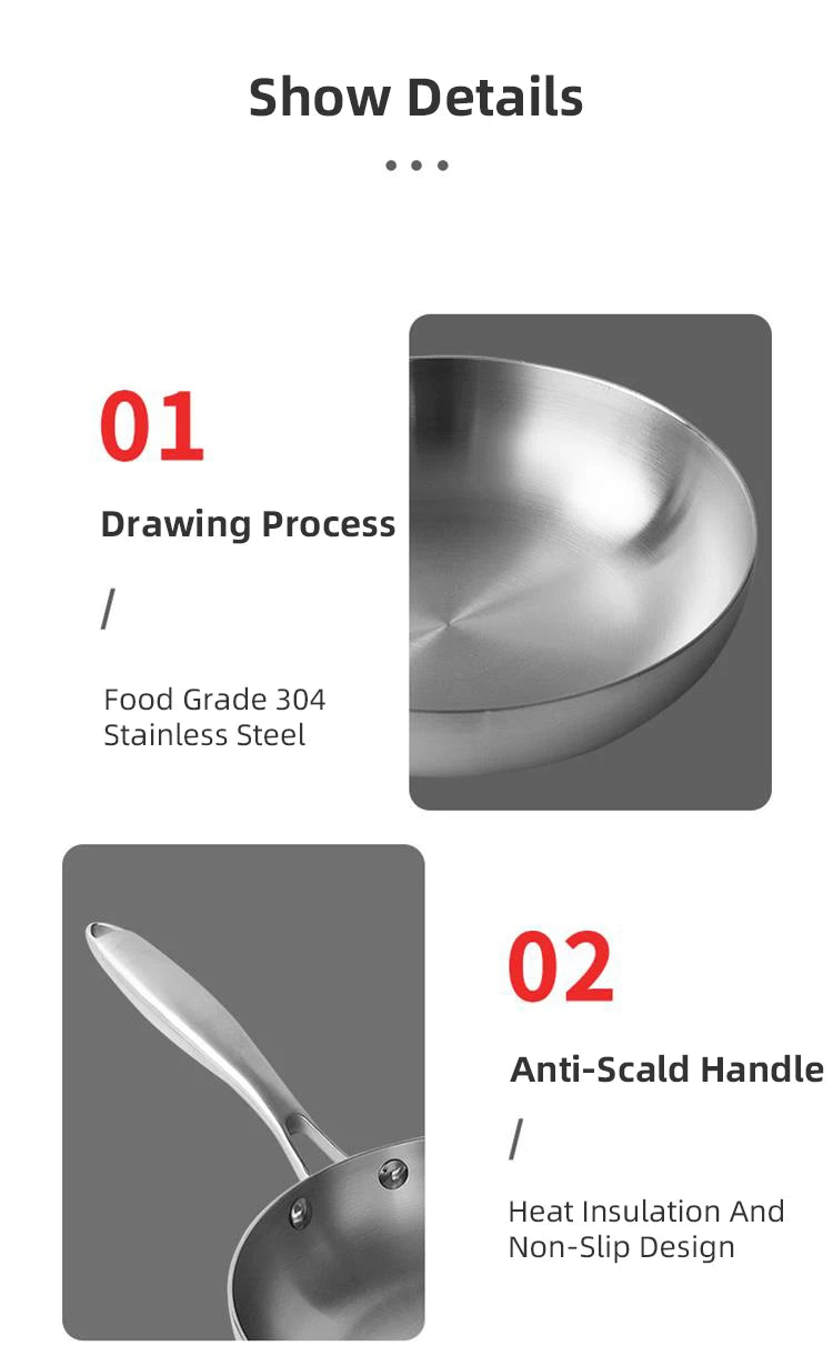24CM Frying Pan 304 Stainless Steel 2MM Thick Wok Pan 5 Ply Steel Skillet,Professional Grade Pans for Cooking Cooking Pot