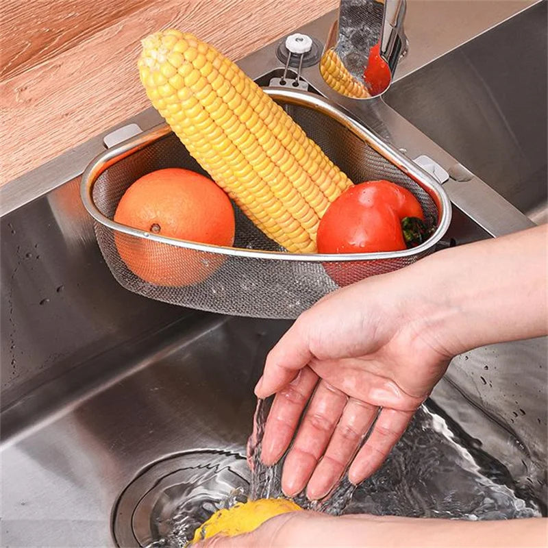 Stainless Steel Kitchen Sink Drain Basket Kitchen Shelf Rack Drainier Triangle Food Vegetables Peel Egg Filter Storage Organizer