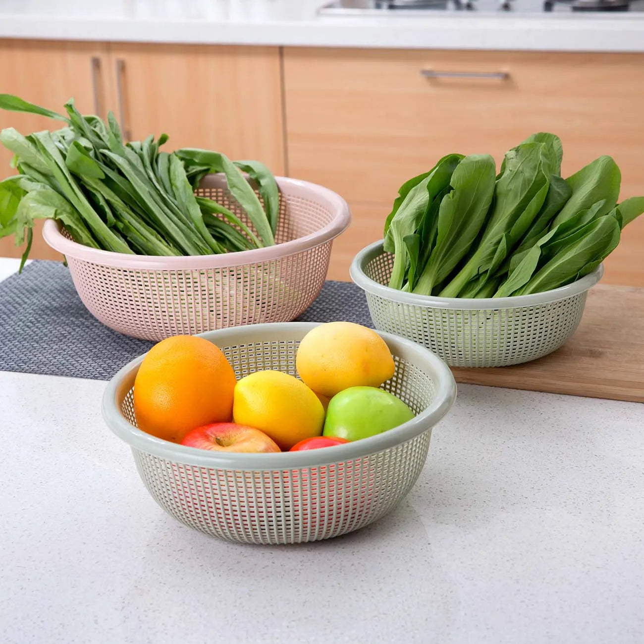 3 In 1 Round Shape Fruit Vegetable Noodles Washing Basket Drainer Plastic Home Kitchen Organizer Storage Baskets Filters Basin