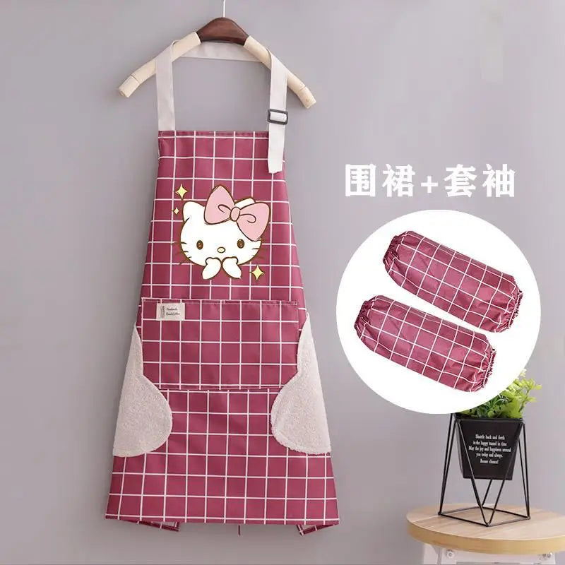 Kawaii Hello Kitty Apron Sleeve Set Waterproof Oilproof Clothes Anime Cartoon Print Fashion Kitchen Household Item Tool Mom Gift