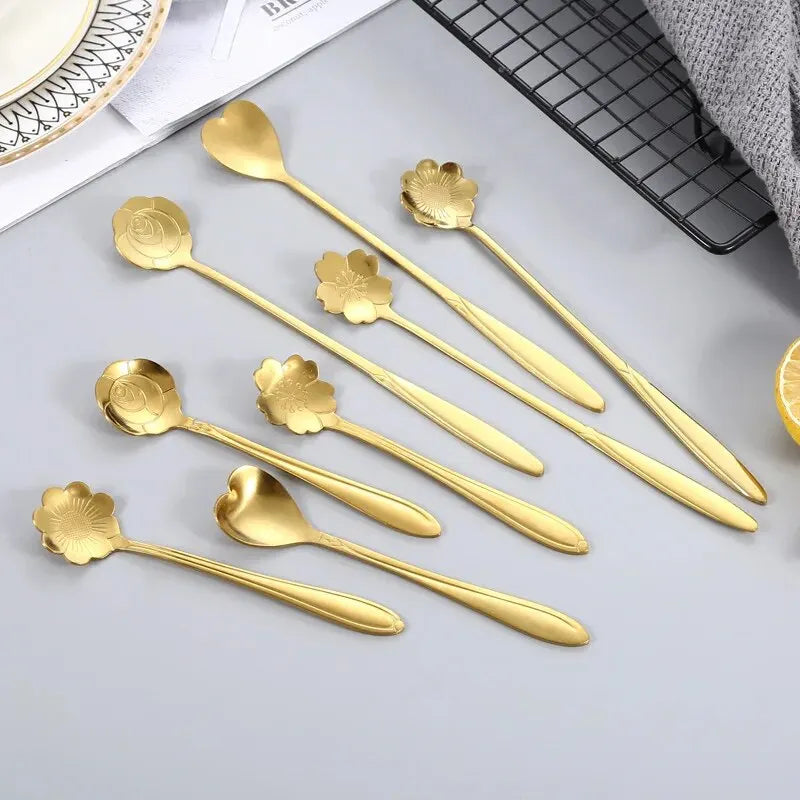6pcs Stainless Steel Cherry Rose Flower Gold Scoop Coffee Spoon Gifts Kitchen Dessert Tea Accessories Tableware Decoration Set