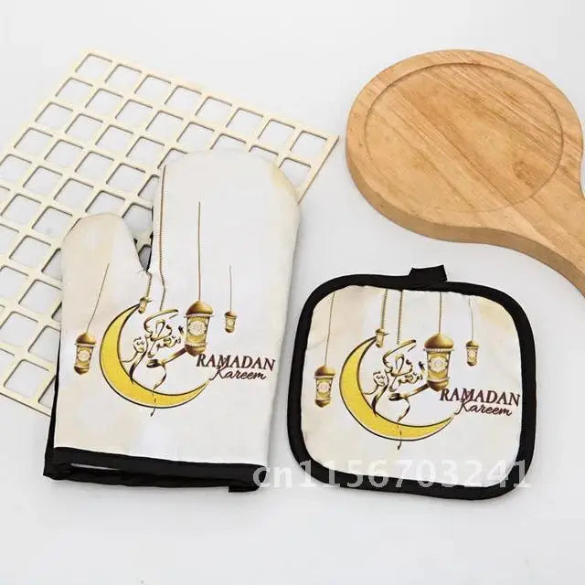 2pcs Apron Kitchen Ramadan Mubarak Pot Holder Mitt Happy Eid Al-Adha Iftar Muslim Islamic Kareem Friend Family Dinner Deco Gift