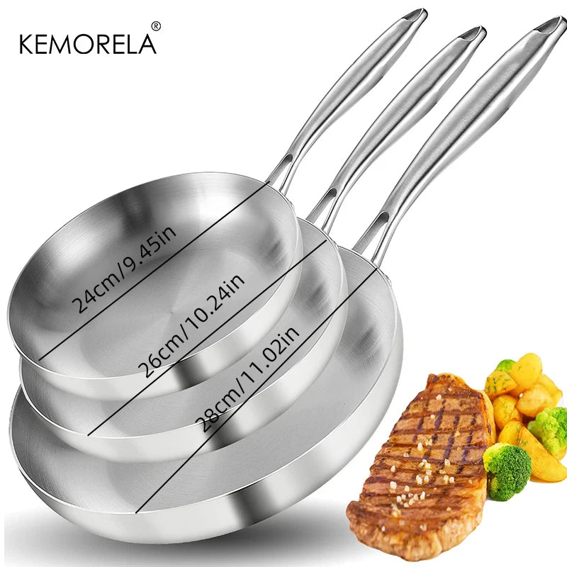3PCS Frying Pan 22/24/26/28CM 304 Stainless Steel 2MM Thick Wok Pan 5 Ply Steel Food Grade Non-Stick Pans for Cooking Pot