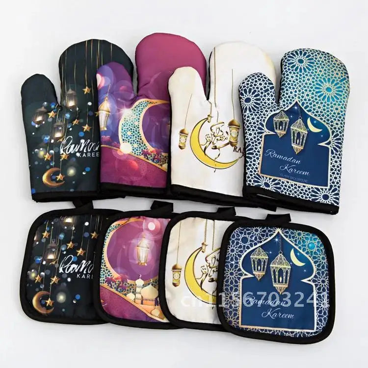 2pcs Apron Kitchen Ramadan Mubarak Pot Holder Mitt Happy Eid Al-Adha Iftar Muslim Islamic Kareem Friend Family Dinner Deco Gift