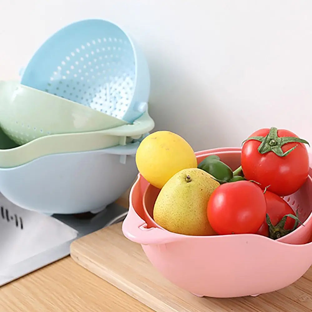 Double Layer Vegetable Drain Basket Kitchen Gadgets Green Blue Pink Sink Rotatable Drainer with Handle Rice Washing Bowl