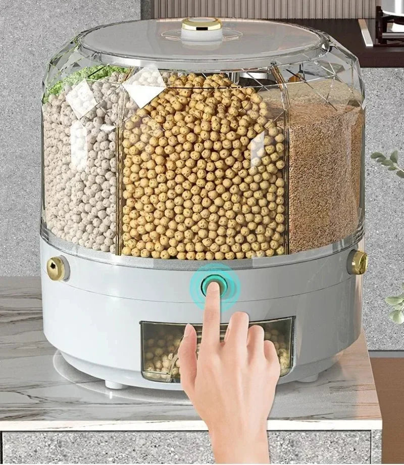 360 Degree Rotating Rice Dispenser Sealed Dry Cereal Grain Bucket Dispenser Moisture-proof Kitchen Food Container Storage Box