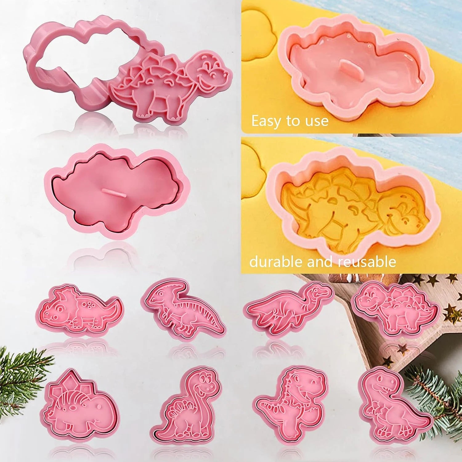 8Pcs Dinosaur Cookies Cutters Plastic Cartoon Pressable Biscuit Mold Confectionery Cookie Stamp Kitchen Baking Pastry Tools