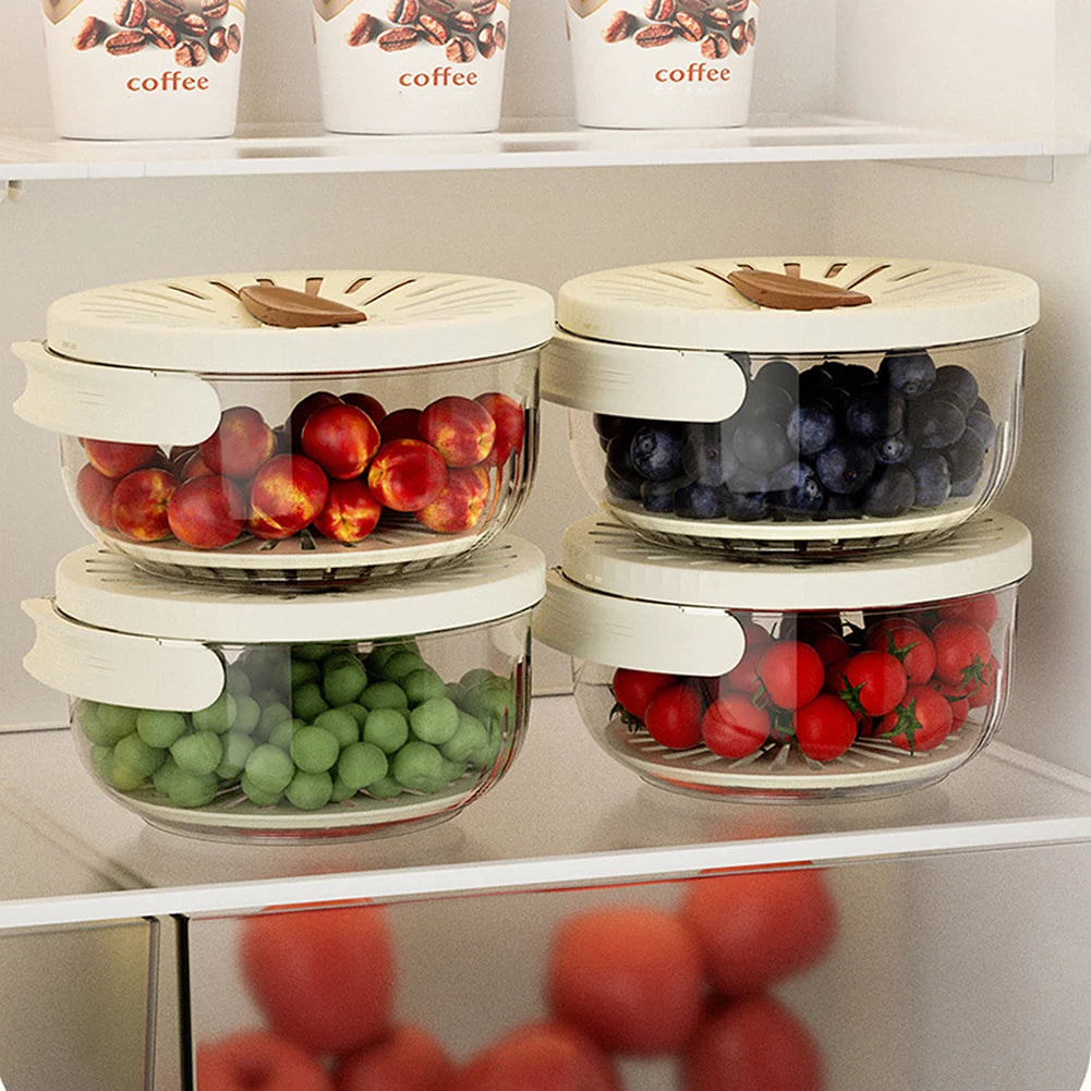 New Kitchen Household Fruit Washing Refrigerator Storage Box With Lid Drain Basket Thick Double Layer Drain Washing Basin