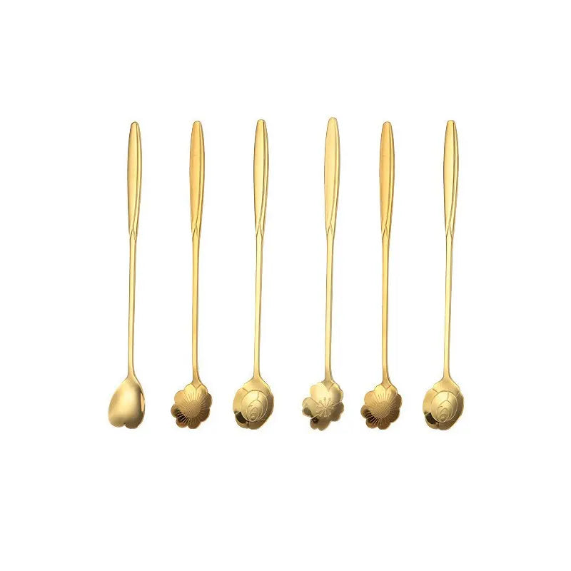 6pcs Stainless Steel Cherry Rose Flower Gold Scoop Coffee Spoon Gifts Kitchen Dessert Tea Accessories Tableware Decoration Set