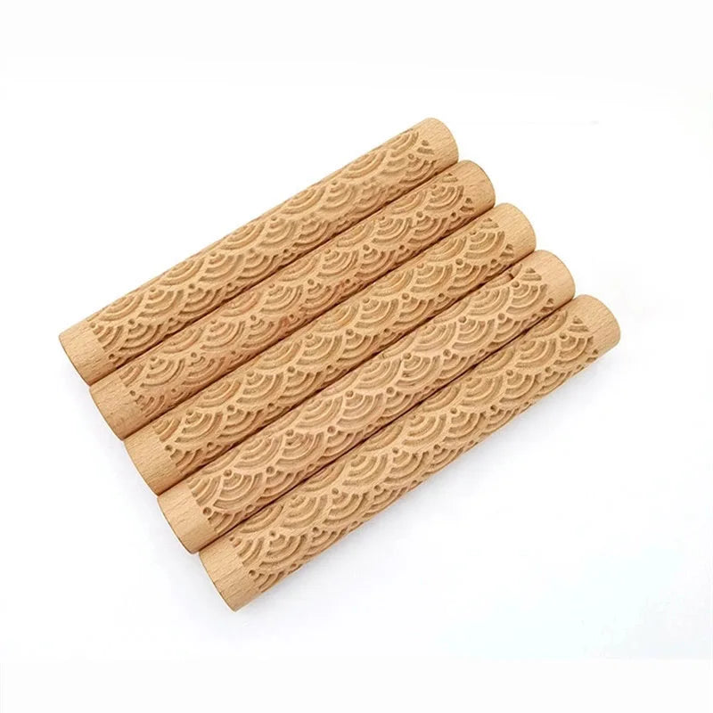 3D Embossed Pottery Styling Tools Wooden Hand Pressure Roller Home Kitchen Baking Pie Cookie Rolling Pin Handmade Tools Supplies