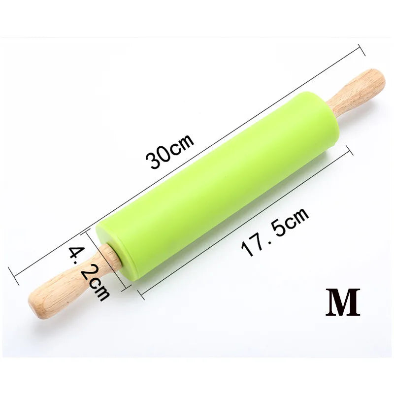 1PC Non-Stick Silicone Rolling Pin Wooden Handle Pastry Dough Flour Roller Kitchen Cooking Baking Tool For Pasta Cookie Dough