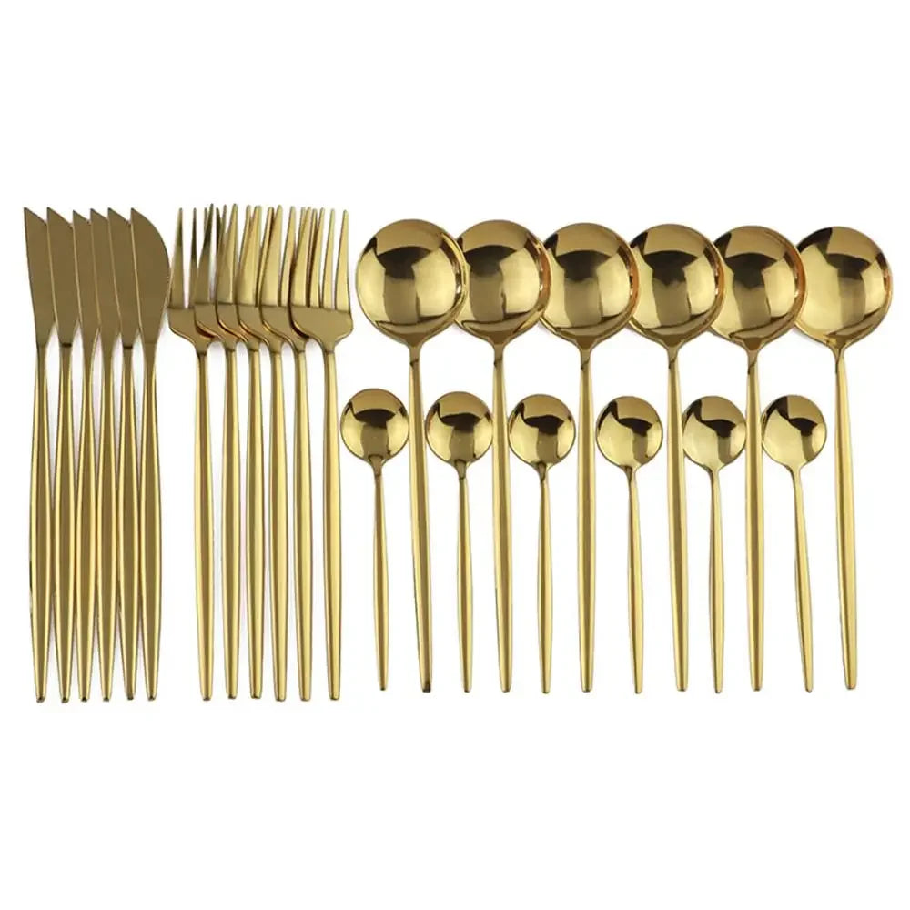 24pcs Gold Dinnerware Set Stainless Steel Tableware Set Knife Fork Spoon Flatware Set Cutlery Set Knife Fork Spoon Tea Spoon