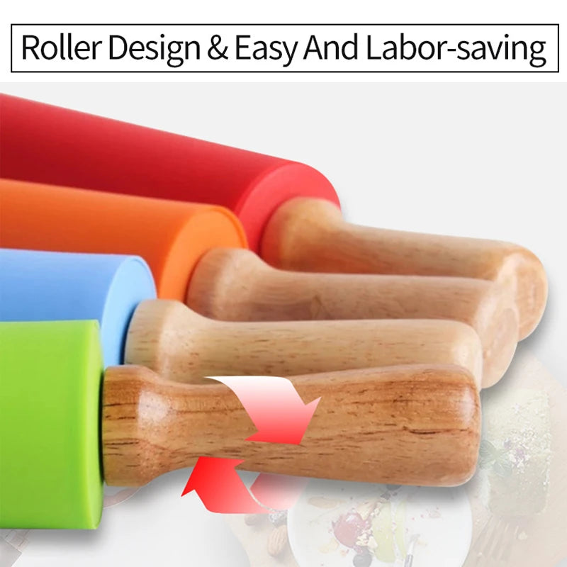1PC Non-Stick Silicone Rolling Pin Wooden Handle Pastry Dough Flour Roller Kitchen Cooking Baking Tool For Pasta Cookie Dough