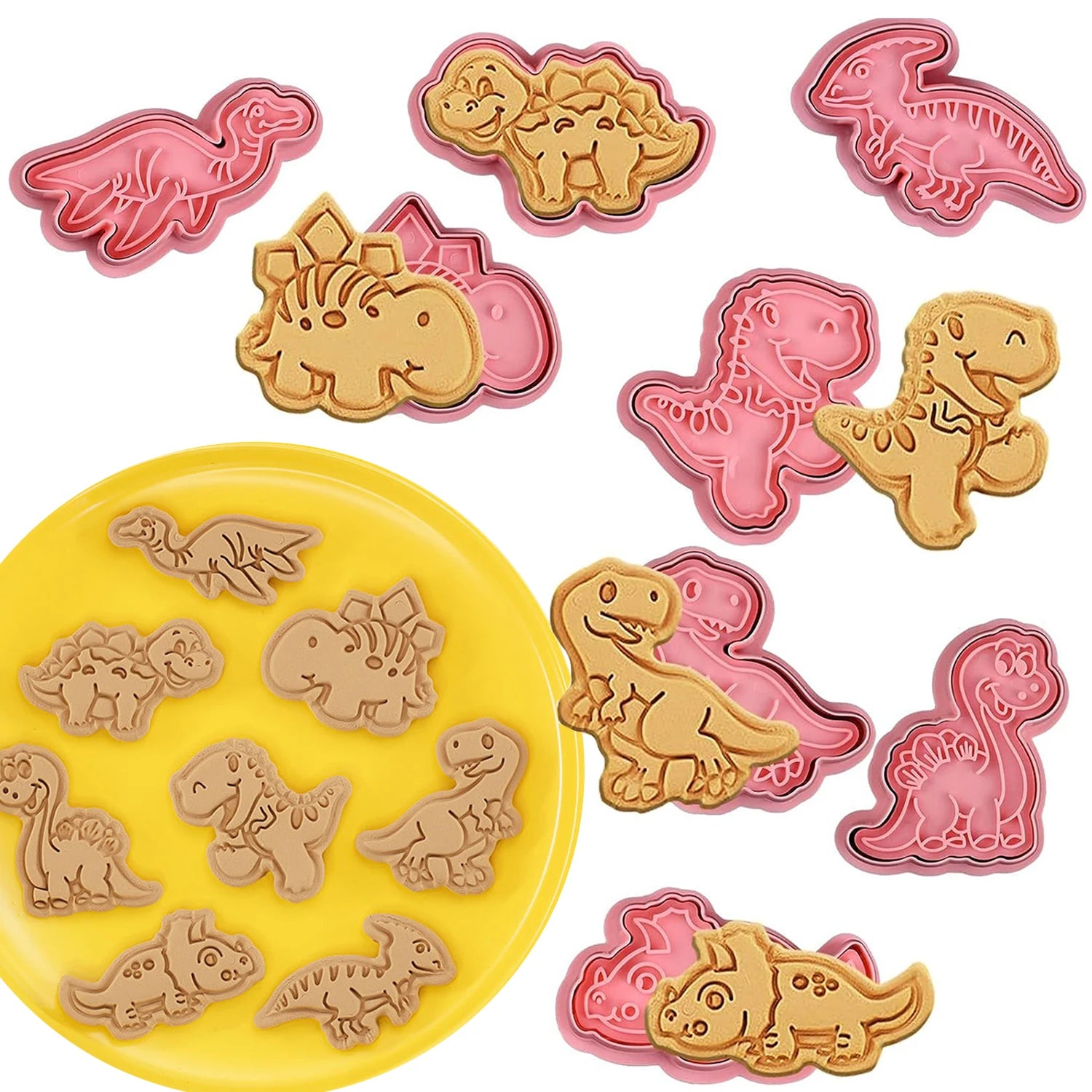 8Pcs Dinosaur Cookies Cutters Plastic Cartoon Pressable Biscuit Mold Confectionery Cookie Stamp Kitchen Baking Pastry Tools