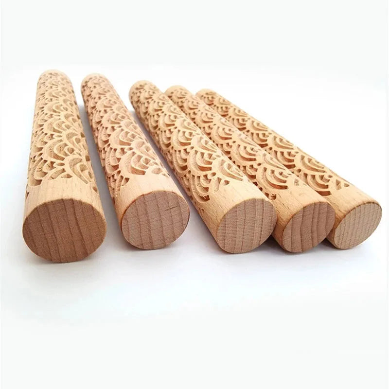 3D Embossed Pottery Styling Tools Wooden Hand Pressure Roller Home Kitchen Baking Pie Cookie Rolling Pin Handmade Tools Supplies