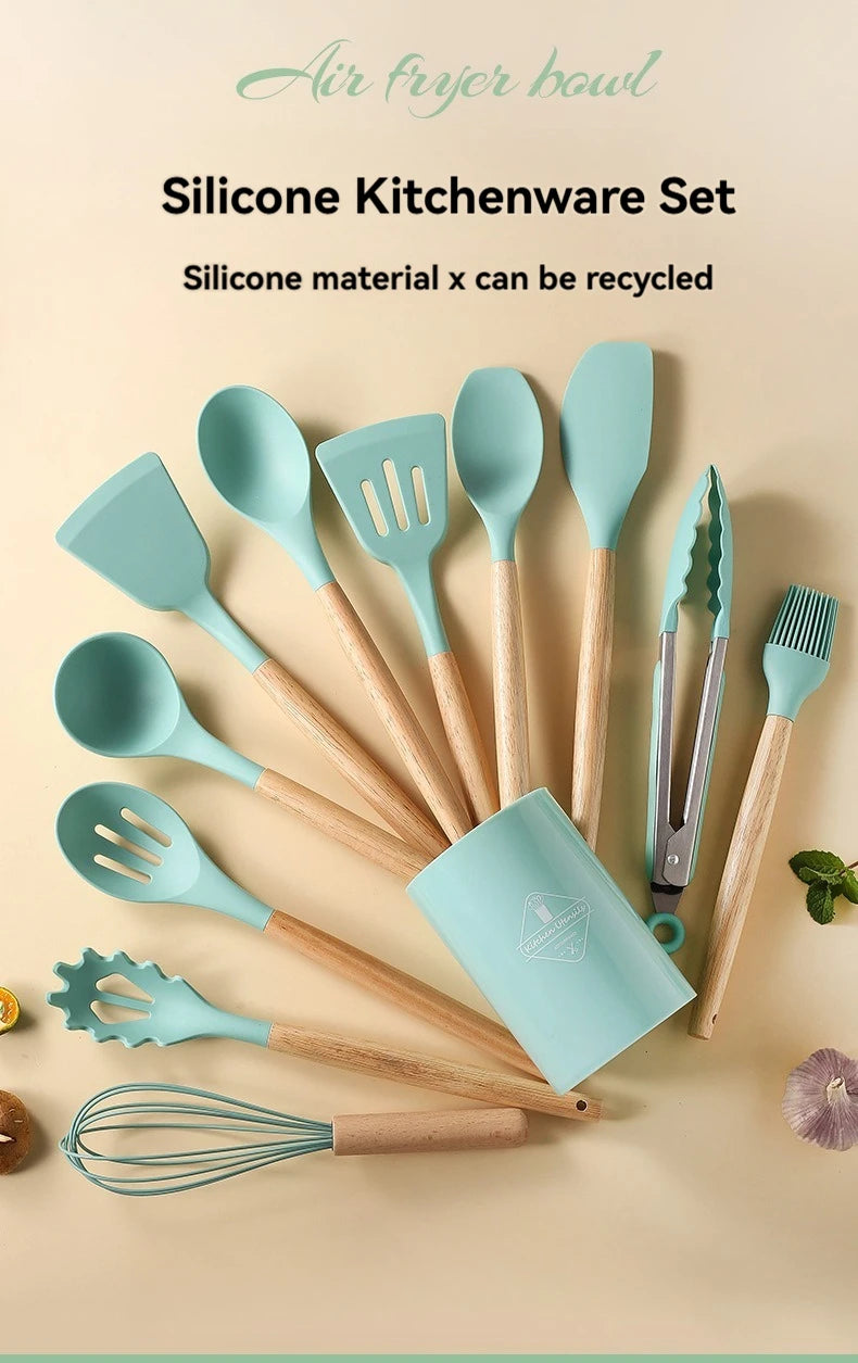 12PCS Silicone Kitchenware Non-Stick Cookware Kitchen Utensils Set Spatula Shovel Egg Beaters Wooden Handle Cooking Tool Set