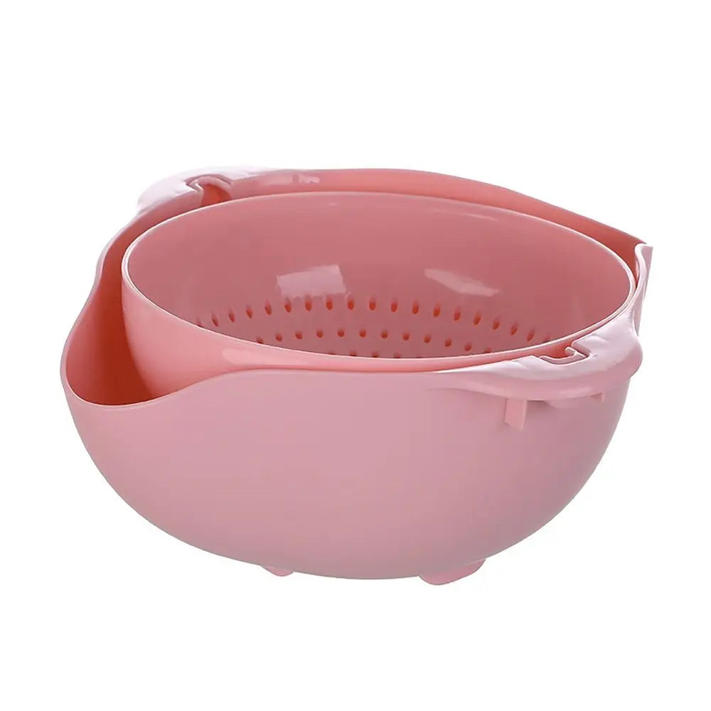 Double Layer Vegetable Drain Basket Kitchen Gadgets Green Blue Pink Sink Rotatable Drainer with Handle Rice Washing Bowl