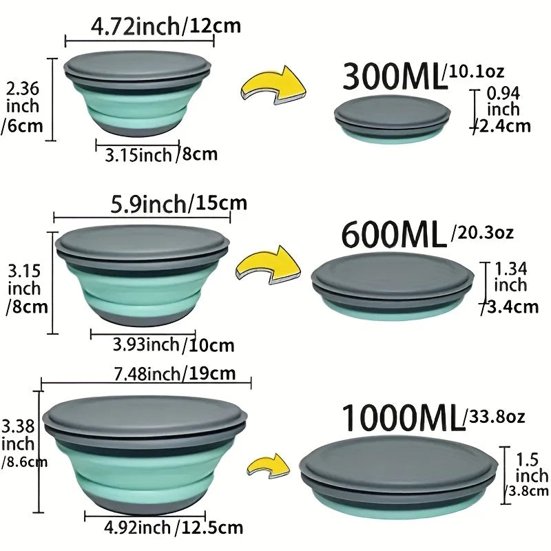 3pcs/Set Silicone Collapsible Bowl Lunch Box with Lid Expandable Food Storage Containers Set Kitchen Tools