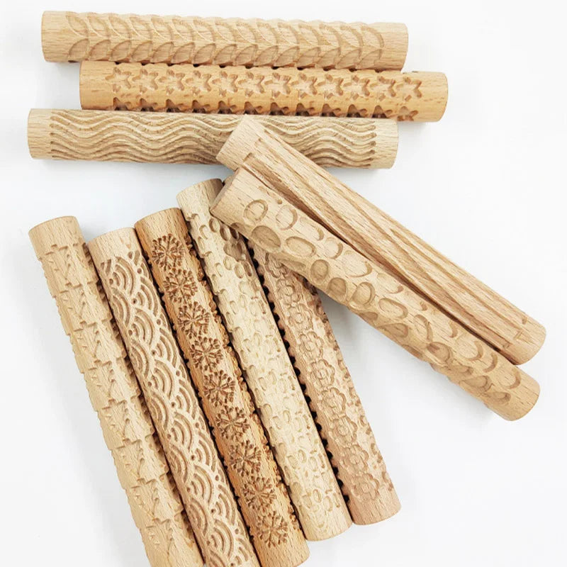 3D Embossed Pottery Styling Tools Wooden Hand Pressure Roller Home Kitchen Baking Pie Cookie Rolling Pin Handmade Tools Supplies