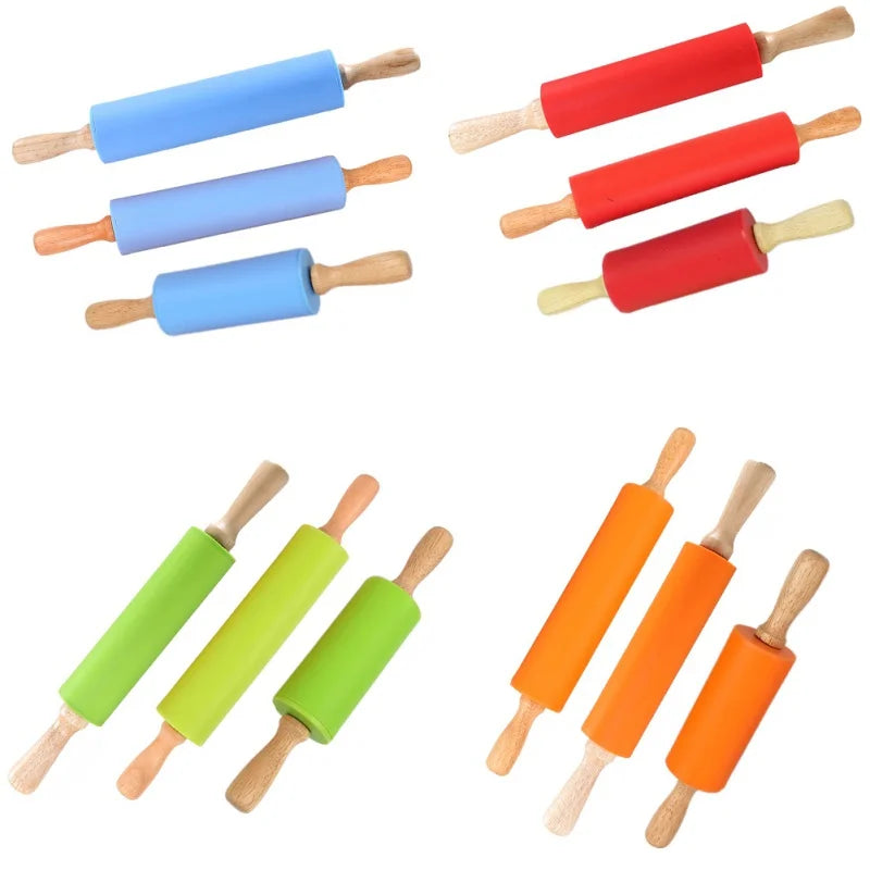 1PC Non-Stick Silicone Rolling Pin Wooden Handle Pastry Dough Flour Roller Kitchen Cooking Baking Tool For Pasta Cookie Dough