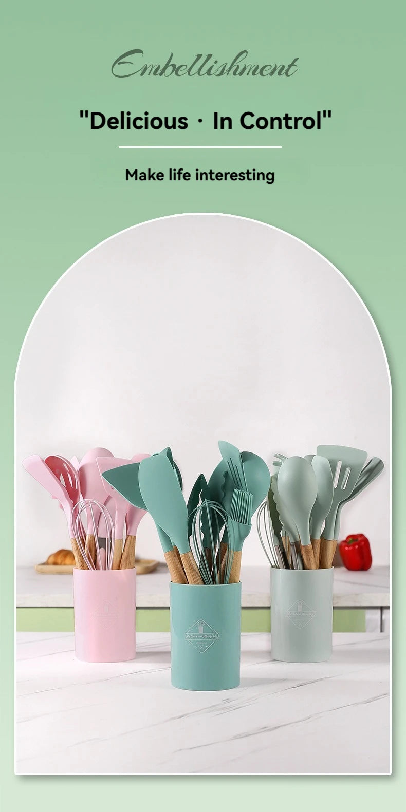 12PCS Silicone Kitchenware Non-Stick Cookware Kitchen Utensils Set Spatula Shovel Egg Beaters Wooden Handle Cooking Tool Set