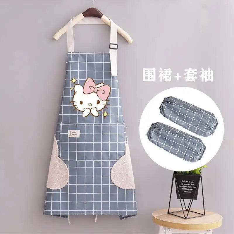 Kawaii Hello Kitty Apron Sleeve Set Waterproof Oilproof Clothes Anime Cartoon Print Fashion Kitchen Household Item Tool Mom Gift