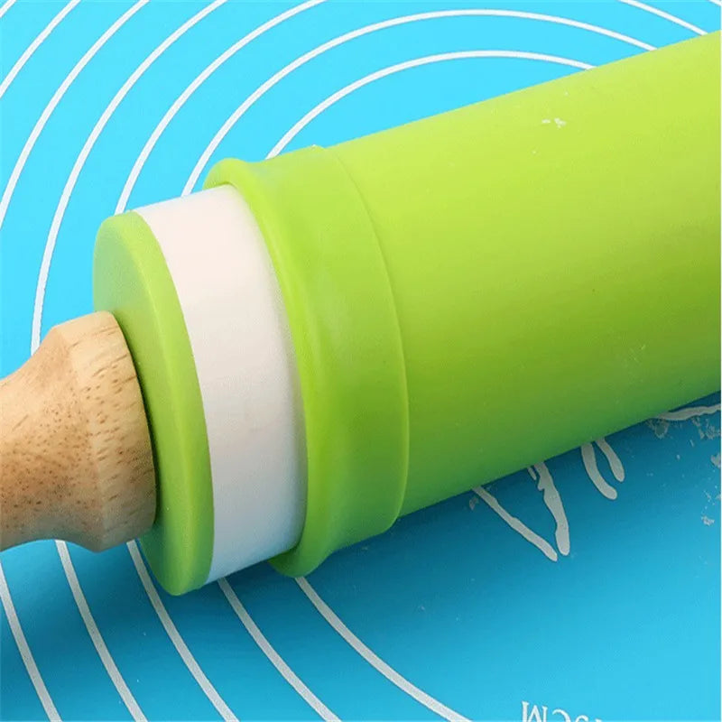 1PC Non-Stick Silicone Rolling Pin Wooden Handle Pastry Dough Flour Roller Kitchen Cooking Baking Tool For Pasta Cookie Dough