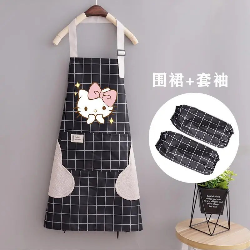 Kawaii Hello Kitty Apron Sleeve Set Waterproof Oilproof Clothes Anime Cartoon Print Fashion Kitchen Household Item Tool Mom Gift