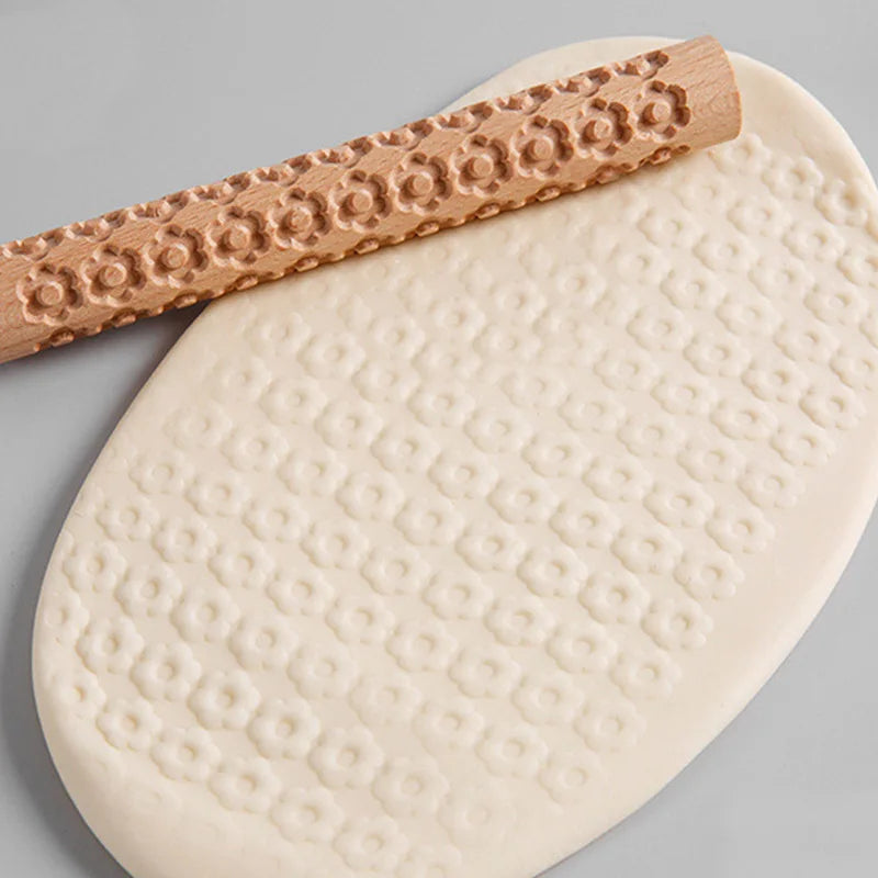 3D Embossed Pottery Styling Tools Wooden Hand Pressure Roller Home Kitchen Baking Pie Cookie Rolling Pin Handmade Tools Supplies