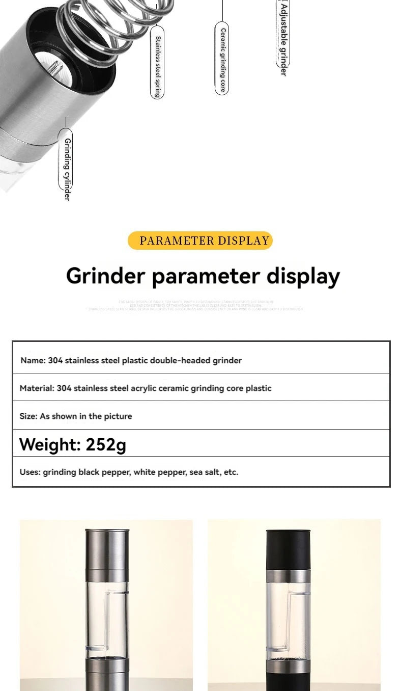 Salt and Pepper Grinder 2 in 1 Manual Stainless Steel Salt Pepper Mills with Adjustable Ceramic Grinding Spice Mill Kitchen Tool