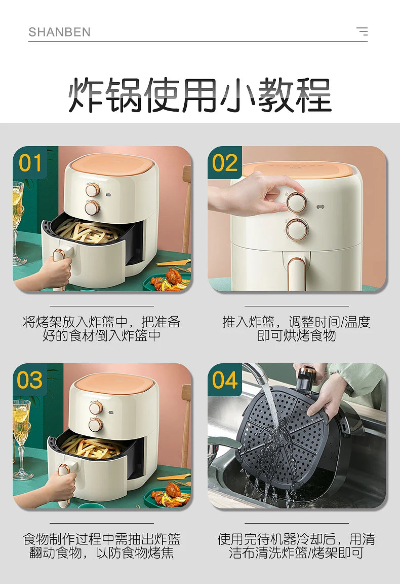 White Electric Air Fryer Europe Knob Large Home Health Oil-free Air Fryer Mi-cyclone Smart Kitchen Friggitrice Ad Aria Cooker